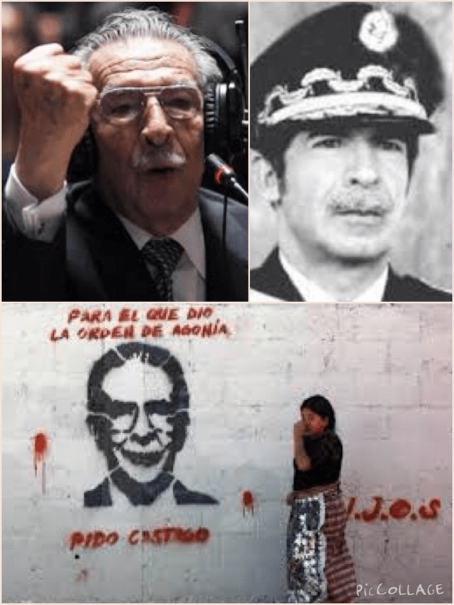 Rios Montt at his genocide trial, in military regalia and depicted in a mural calling for 'justice for he who ordered the agony'