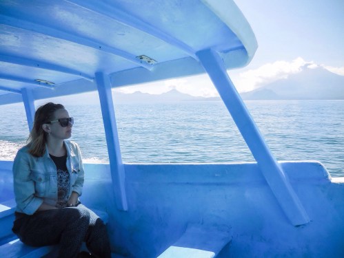Franki on a lancha on Lake Atitlan, Guatemala